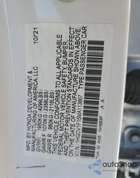 2021 Honda Accord Lx z USA, uszkodzony, nr VIN 1HGCV1F15MA113867